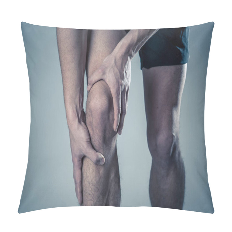 Personality  Young Fit Man Holding Knee With Hands In Pain After Suffering Muscle Injury Broken Bone Leg Pain Sprain Or Cramp During Running Workout. In Body Pain And Sport Training Injury And Body Health Care. Pillow Covers