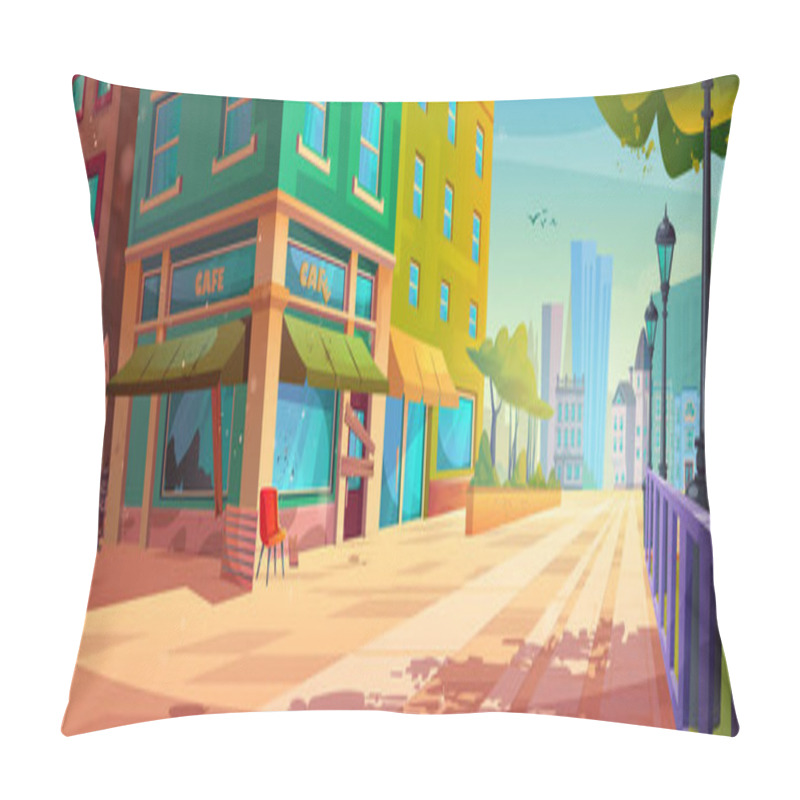 Personality  Abandoned Outdoor Street Cafe Exterior Cartoon Illustration. Summer City Near Park With Neglected Restaurant And Broken Window Glass. Closed Bistro Building Facade Architecture Area Cityscape Scene Pillow Covers