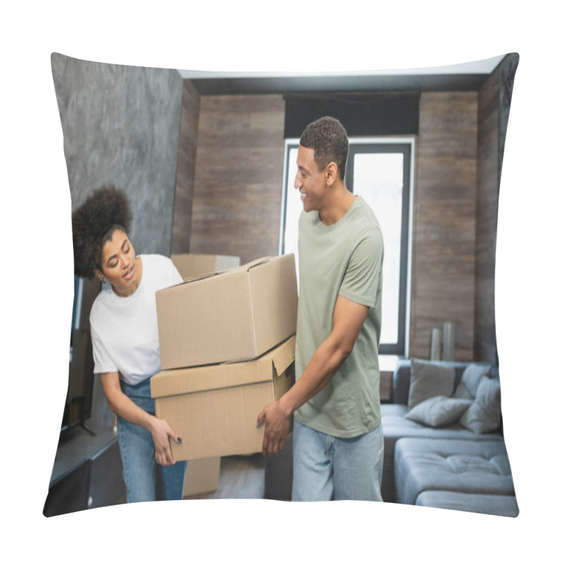 Personality  Smiling African American Couple Holding Carton Boxes During Moving In Living Room Pillow Covers