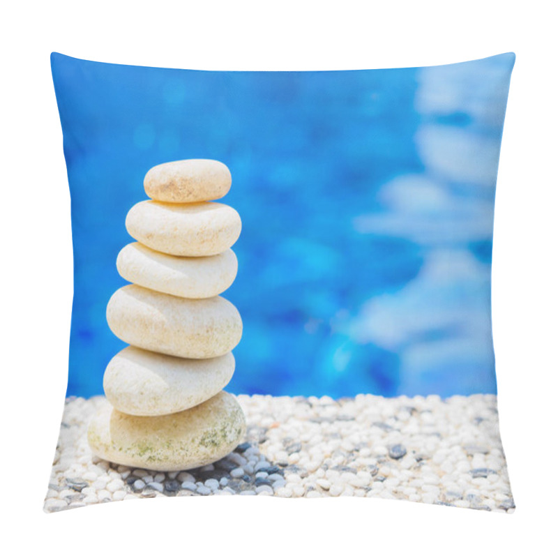 Personality  Balance Stones Stacked To Pyramid In The Soft Blue Water Background To Spa Ideas Design Or Freedom And Stability Concept On Rocks. Pillow Covers