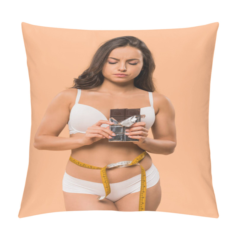 Personality  Attractive Woman With Measuring Tape Holding Chocolate Bar Isolated On Beige  Pillow Covers