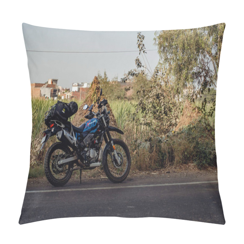 Personality  Dec 1st 2024. Punjab India. Experience The Thrill Of A Solo Ride With An Adventure Motorcycle Loaded With A Tail Bag, Captured On The Scenic Roads Of Rural India. Pillow Covers