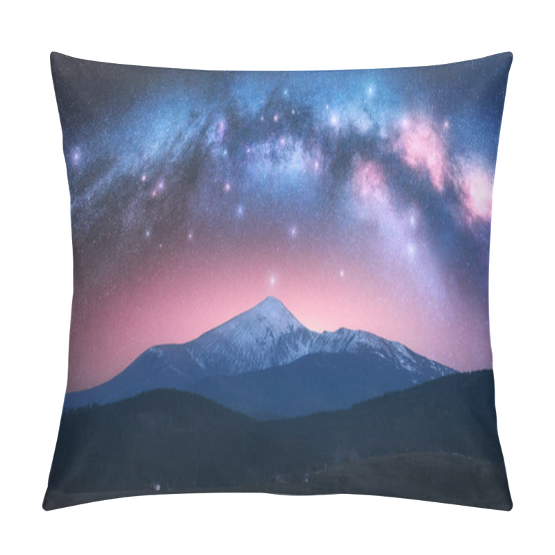 Personality  Arched Milky Way Over The Beautiful Mountains With Snow Covered Peak At Night In Summer. Colorful Landscape With Bright Starry Sky With Milky Way Arch, Snowy Rocks, Hills, Pink Light. Space. Nature Pillow Covers