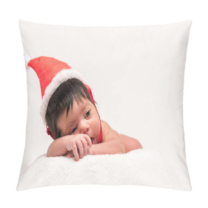 Personality  Cute Mixed Race Newborn Baby In Santa Hat Isolated On White  Pillow Covers