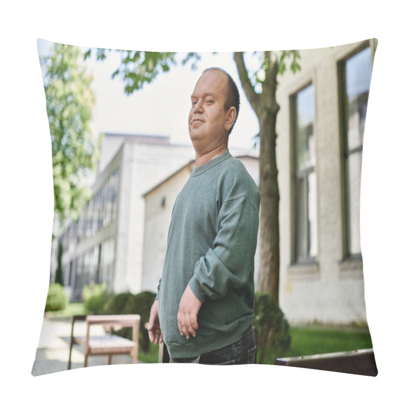 Personality  A Man With Inclusivity Stands Outside On A City Street, Looking Confident And Ready For The Day. Pillow Covers