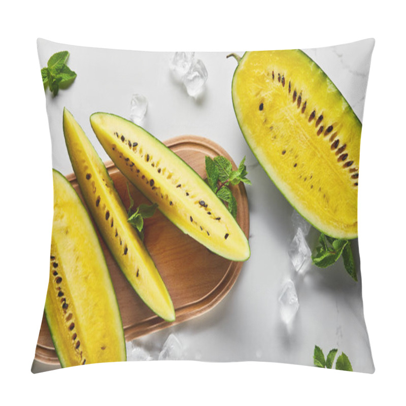 Personality  Top View Of Cut Delicious Exotic Yellow Watermelon With Seeds On Marble Surface With Mint, Ice And Wooden Chopping Board Pillow Covers