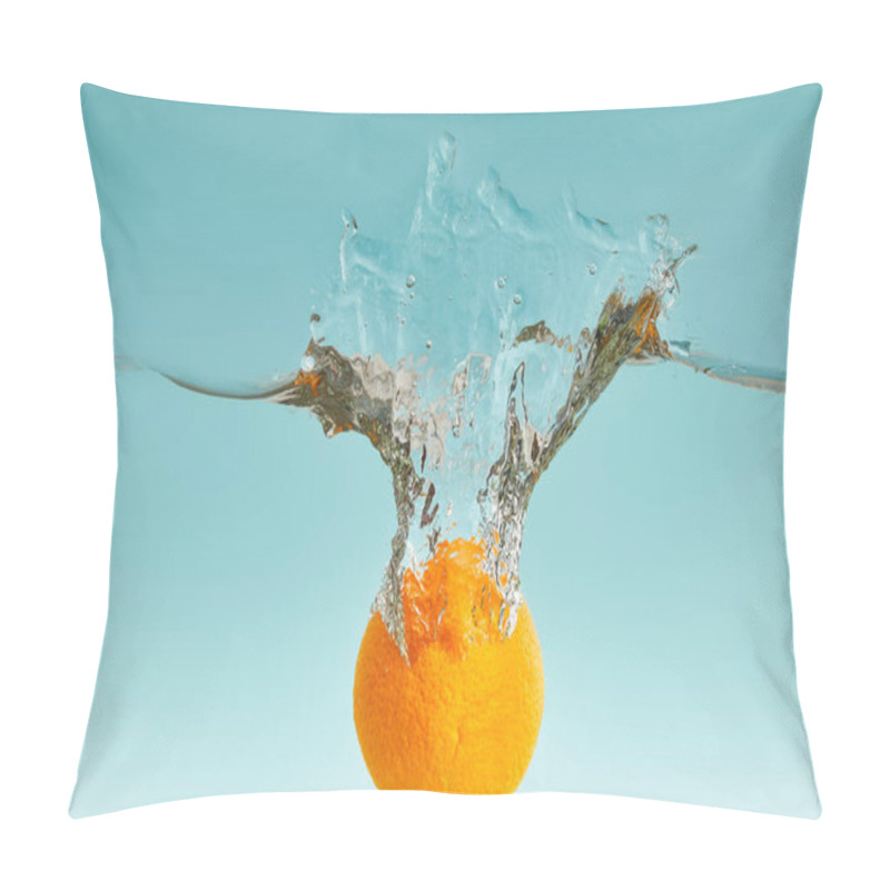 Personality  Ripe Fresh Orange Falling In Water With Splash On Blue Background Pillow Covers