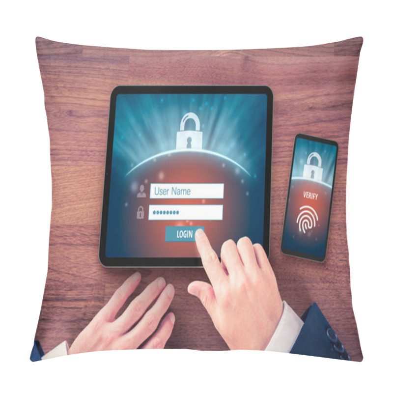 Personality  Two-factor Authentication (2FA) And Fingerprint Touch Identification Security Concept. User With Digital Tablet And Smart Phone And Two-factor Authentication Security Process, Flatlay Design. Pillow Covers