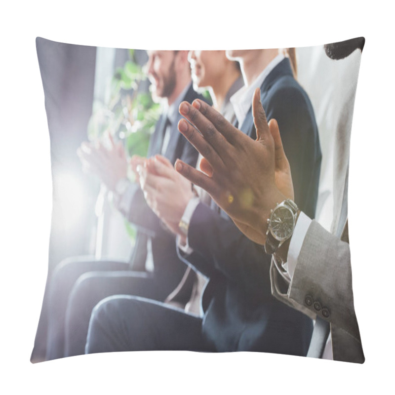 Personality  Cropped View Of Multiethnic  Applauding At Meeting With Backlit Pillow Covers