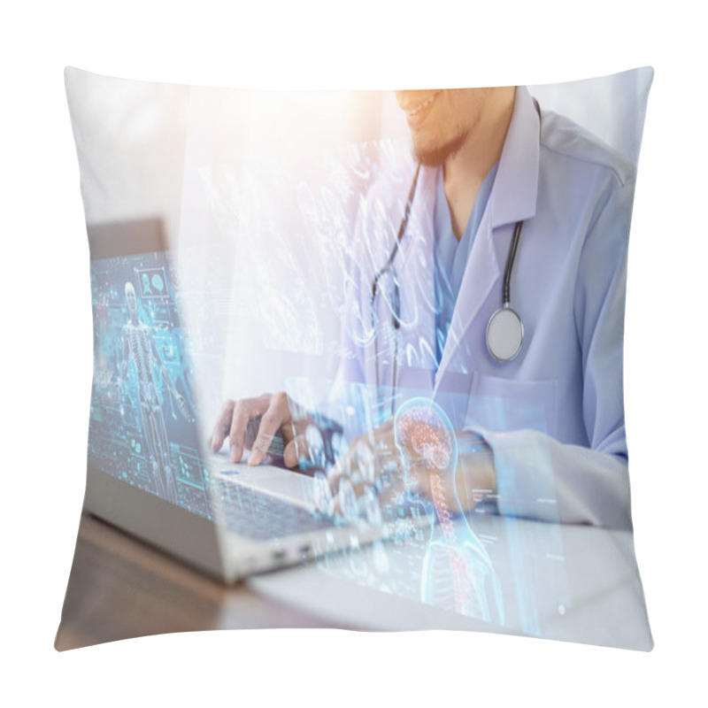 Personality  The Doctor With Computer Harnesses Advanced Technology To Revolutionize Medical Diagnostics, Treatment Planning, And Patient Care, Ensuring Precision And Efficiency In Healthcare Delivery. Pillow Covers