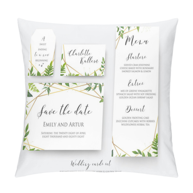 Personality  Wedding Floral Save The Date, Menu, Place Card & Label Template Set. Vector Modern, Botanical Card Design With Green Forest Fern Leaves, Greenery Herbs Border With Luxury Geometrical Golden Decoration Pillow Covers