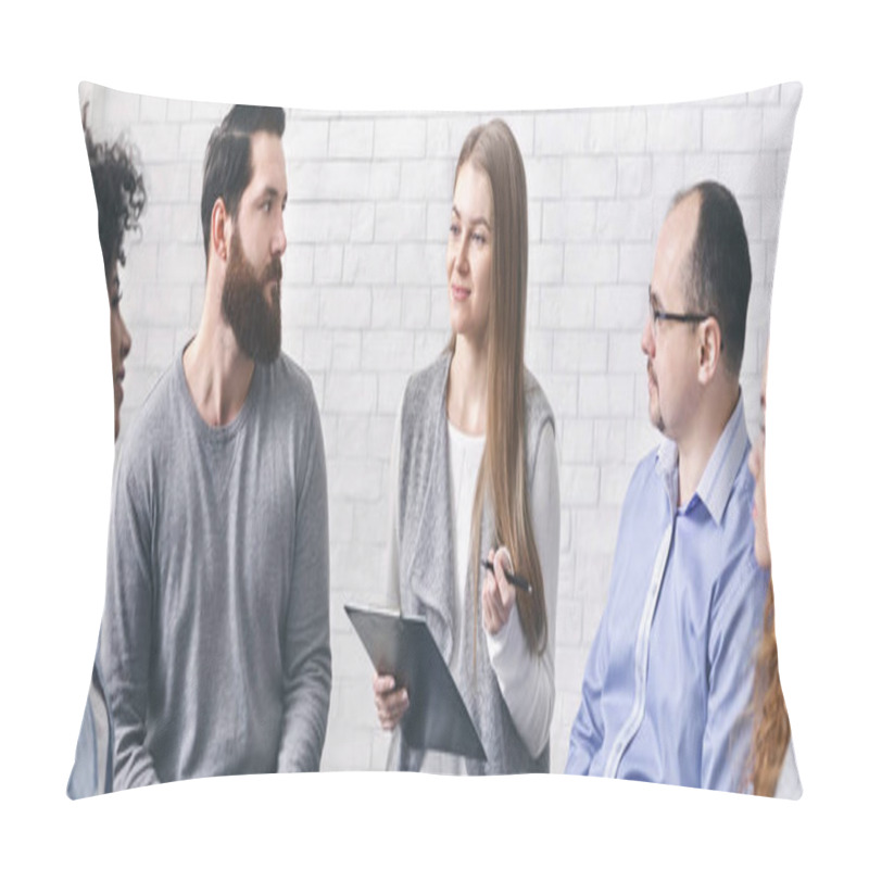 Personality  Psychiatrist Talking To Addicted Patients At Group Session Pillow Covers