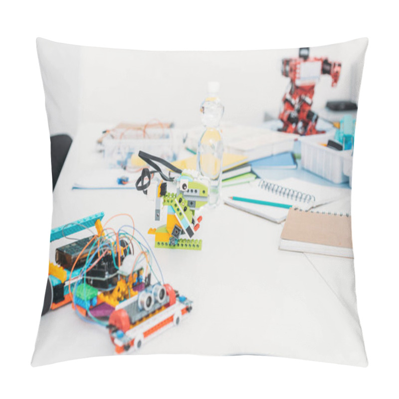 Personality  Handmade Robot Models And School Supplies On Table In STEM Classrom Pillow Covers