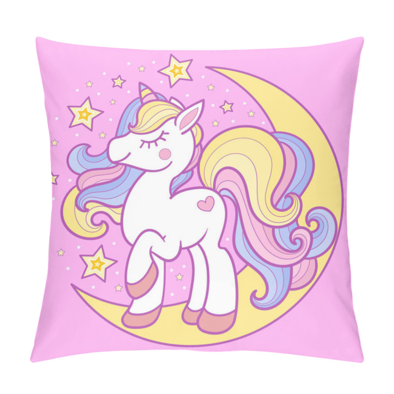 Personality  Cute Unicorn On The Crescent. Childrens Vector Image. Pillow Covers