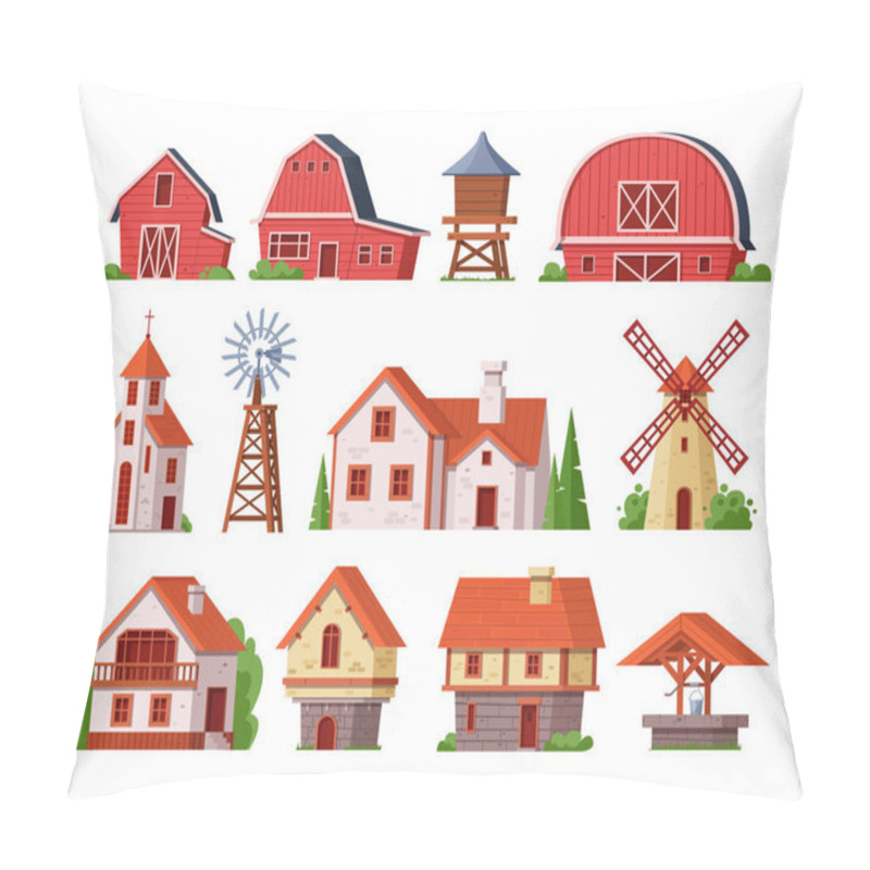 Personality  Rural Buildings. Rural Landscape Building Of Bricks And Wooden Architectural Construction For Living Or Manufacturing. Exterior Of Countryside Cottage, Church, Mill, Windmill, Well Cartoon Vector Pillow Covers