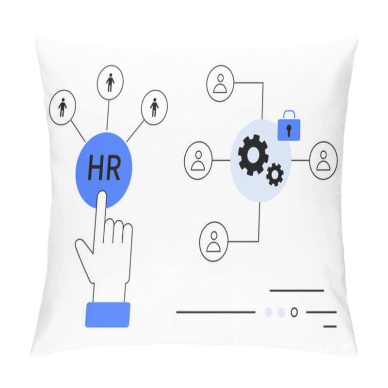 Personality  Hand Selects HR Button Connected To Personnel Icons Gear And Lock Icons Linked To User Nodes. Ideal For Team Collaboration, HR Processes, Data Security, Organizational Structure, Employee Management Pillow Covers