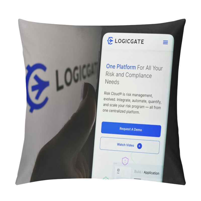 Personality  Stuttgart, Germany - 04-05-2024: Person Holding Cellphone With Webpage Of US Risk Management Technology Compnay LogicGate Inc. In Front Of Logo. Focus On Center Of Phone Display. Pillow Covers