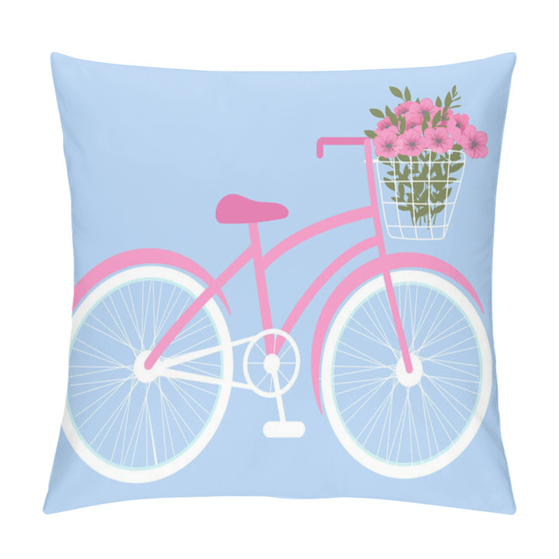 Personality  Bike With Basket Of Flowers. Bicycle With A Beautiful Bouquet Of Flowers And Green Leaves. Vector Illustration. Pillow Covers