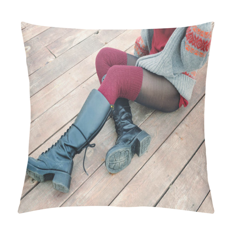 Personality  Female Legs Dressed In Knee High Boots And Knitted Stockings, Woman Sitting On A Wooden Planking Pillow Covers