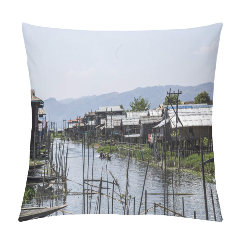 Personality  Inle Lake, Myanmar - Spring, 2018:  Beautiful Blue House On Inle Lake Pillow Covers