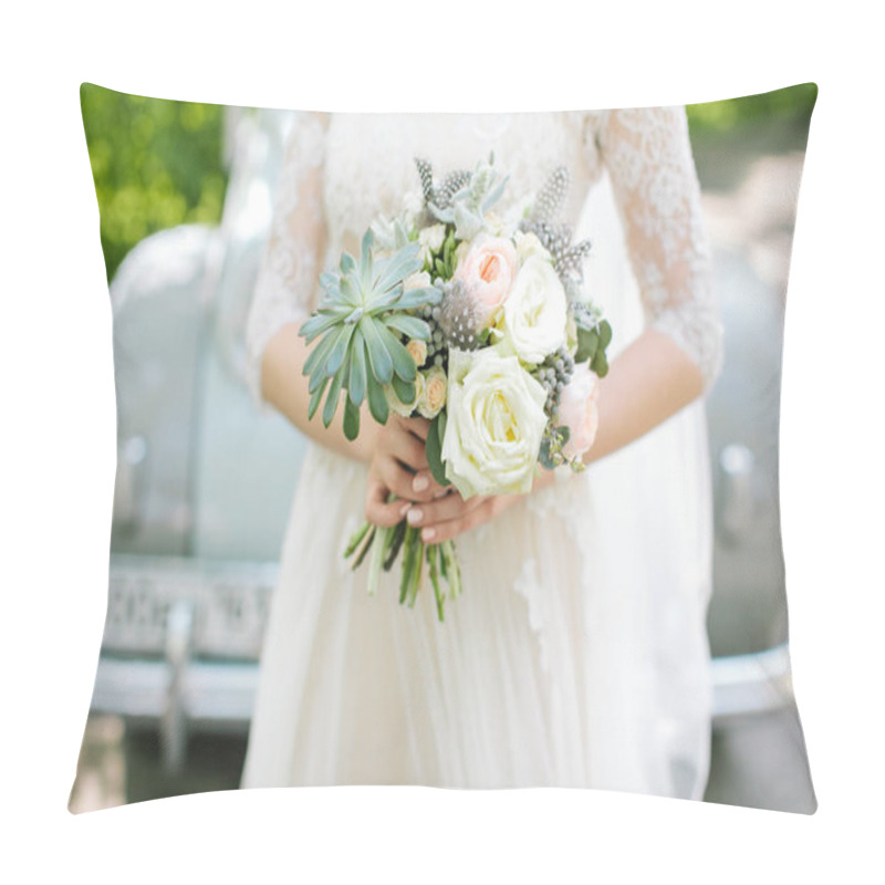 Personality  Beautiful Woman In A White Wedding Dress Holding A Flowers Bouquet From Rose In Hand On A Retro Car Background Outside. Wedding Bridal Bouquet On A White Background. Pillow Covers