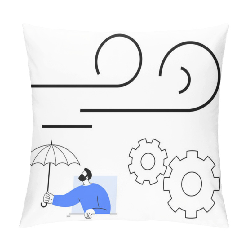 Personality  Person Holding An Umbrella Facing Strong Wind, With Nearby Gears. Ideal For Resilience, Challenges, Protection, Problem-solving, Engineering, Overcoming Adversity Perseverance. Line Metaphor Pillow Covers