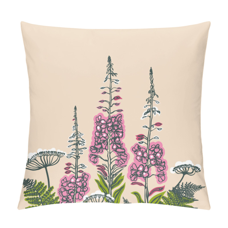 Personality  Epilobium Angustifolium, Angelica, Polypodiophyta. Card With Forest And Meadow Plants. Angelica, Fern, Fireweed. Flowering Plants. Summer Theme. Vector Illustration. Pillow Covers