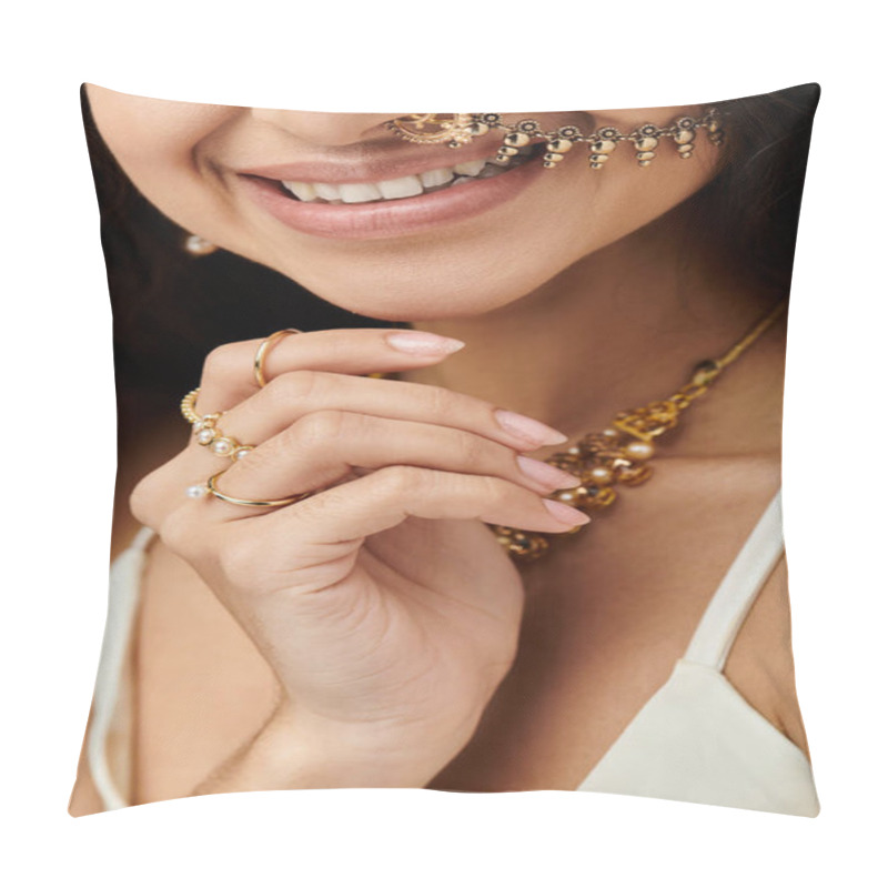 Personality  Stylish Indian Woman Showcasing A Stunning Gold Nose Ring And Earrings. Pillow Covers