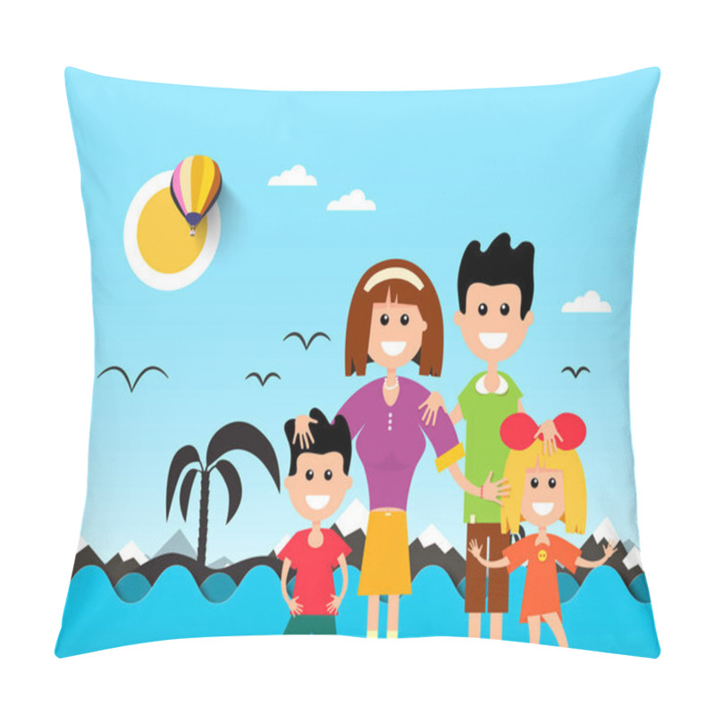 Personality  People On Beach With Ocean Waves And Palm Tre Silhouette On Background. Vector Flat Design Sea Illustration. Pillow Covers