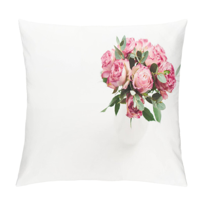 Personality  Pink Rose Flowers Bouquet On White Background. Minimal Spring Floral Concept. Pillow Covers