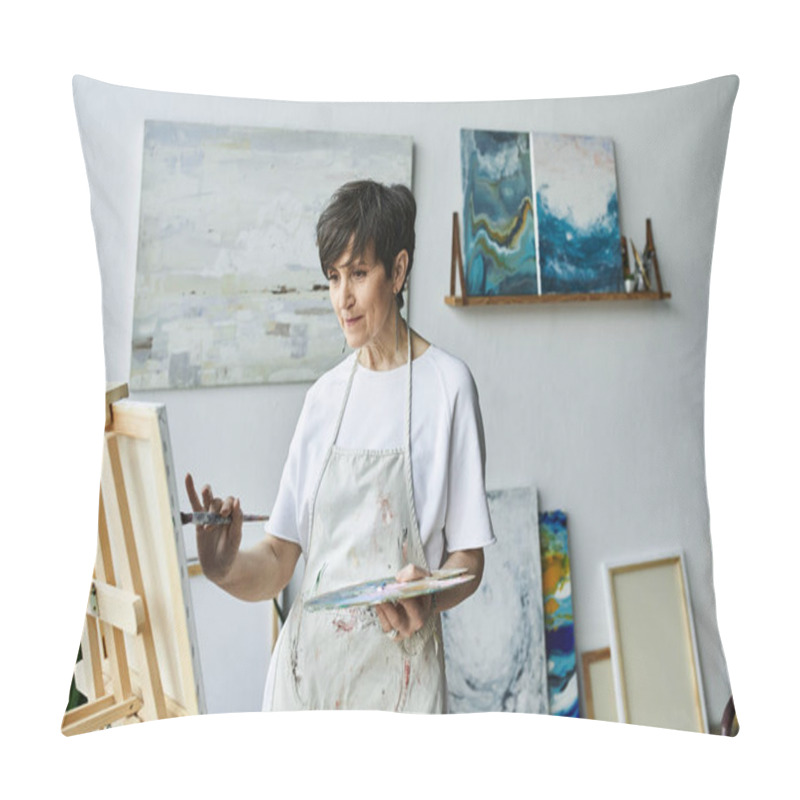 Personality  A Woman Joyfully Creates Art In Her Inviting Studio Space. Pillow Covers