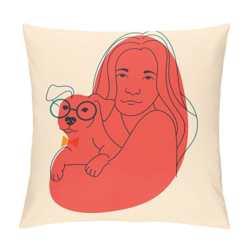 Personality  Girl With Dog. Avatar, Badge, Poster, Logo Templates, Print. Vector Illustration In Doodle Style With Riso Print Effect Pillow Covers