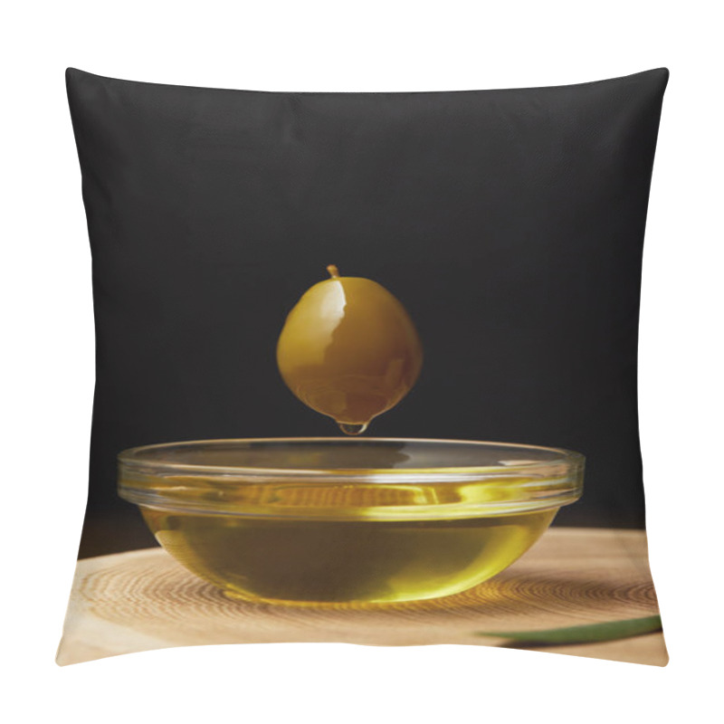 Personality  Olive Flying Above Bowl With Oil On Wooden Surface Pillow Covers