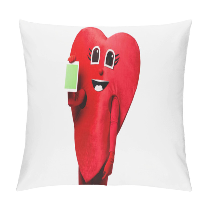 Personality  Person In Red Heart Costume Holding Digital Tablet With Green Screen Isolated On White Pillow Covers