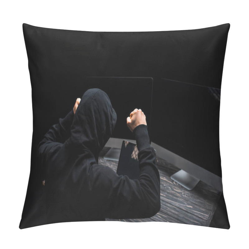 Personality  Upset Hacker With Clenched Fists Near Computer Monitors With Blank Screen Isolated On Black  Pillow Covers