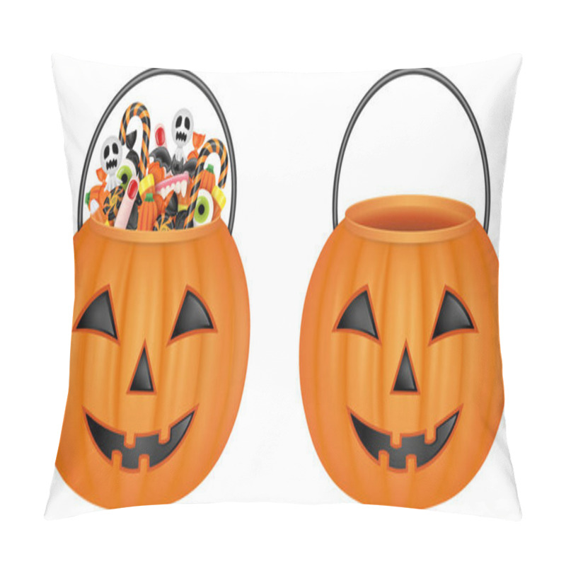 Personality  Isolated Pumpkin Buckets. Empty Bucket And Bucket With Halloween Candies Pillow Covers