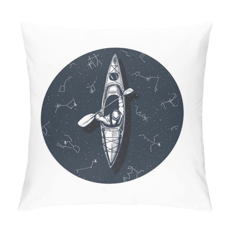 Personality  Vector Illustration Of A Kayaking, Canoeing Or Rafting Boat With The Oarsman. Top View, Circle Of Blue Water With Stars And Constellations Reflections. Sport Drawing, Great T-shirt Print. Pillow Covers