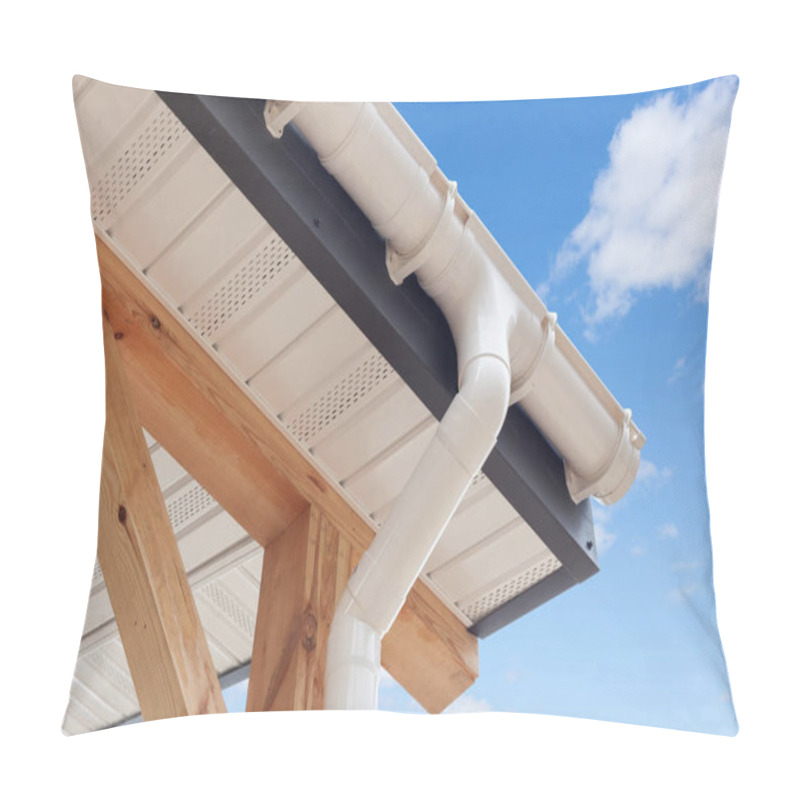 Personality  SIP Panel House Construction. New White Rain Gutter.  Drainage System With Plastic Siding Soffits And Eaves Against Blue Sky. Pillow Covers