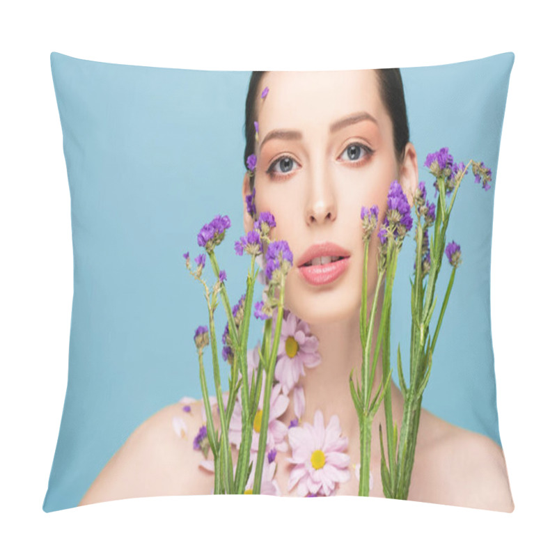 Personality  Attractive And Naked Woman Near Blooming Flowers Isolated On Blue  Pillow Covers