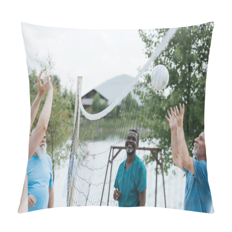 Personality  Smiling Multicultural Old Friends Playing Volleyball On Beach On Summer Day Pillow Covers