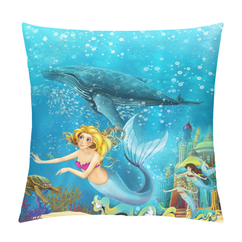 Personality  Cartoon Ocean And The Mermaid In Underwater Kingdom Swimming With Whales - Illustration For Children Pillow Covers