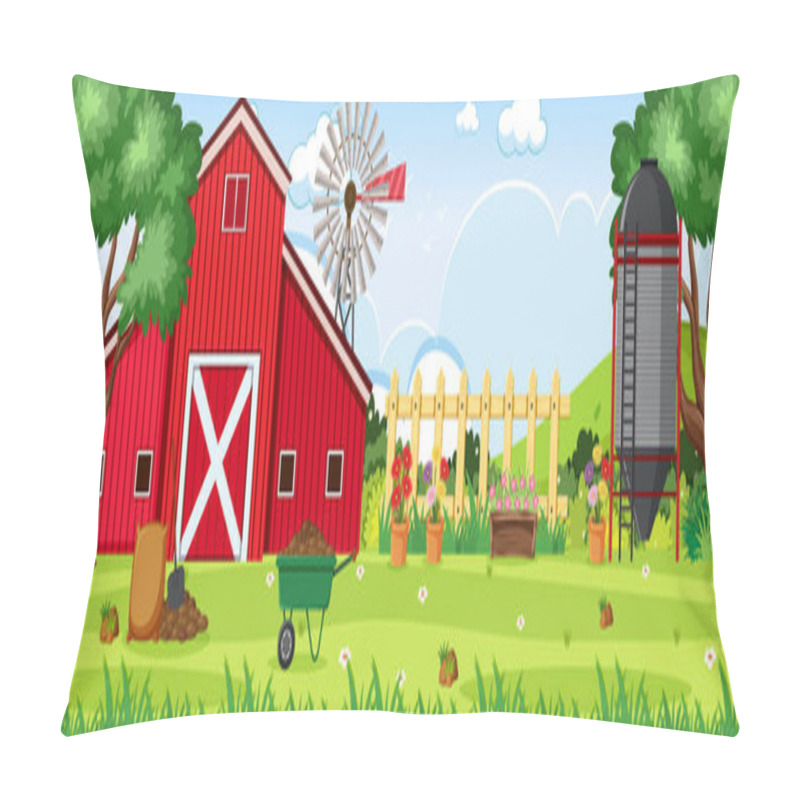 Personality  Background Scene With Red Barn And Silo On The Farm Illustration Pillow Covers