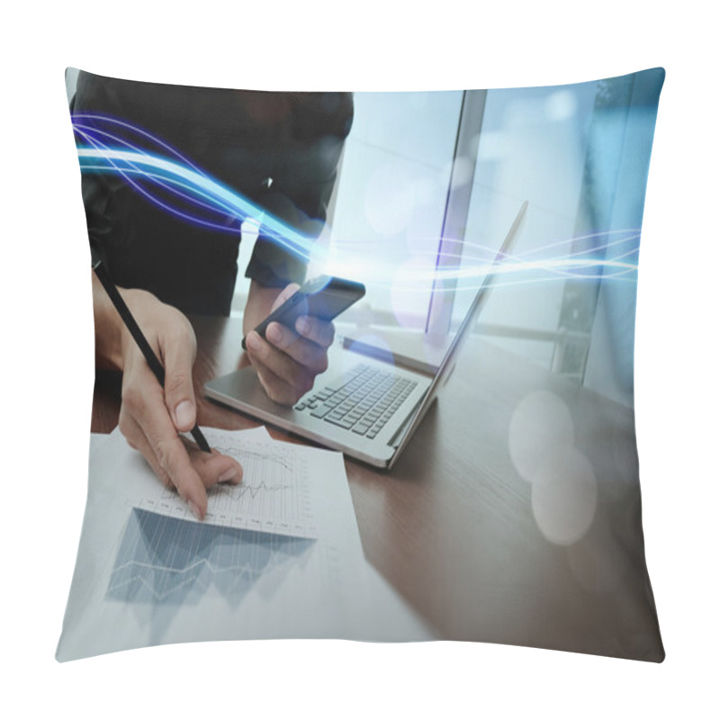 Personality  Waves Of Blue Light And Businessman Using On Smartphone As Conce Pillow Covers