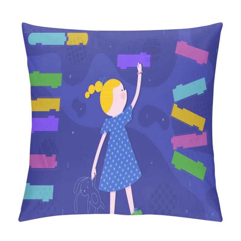 Personality  Cute Smart Girl Is Coding On Abstract Screen. Children Coding And Code Training Design Concept In Flat Style Pillow Covers