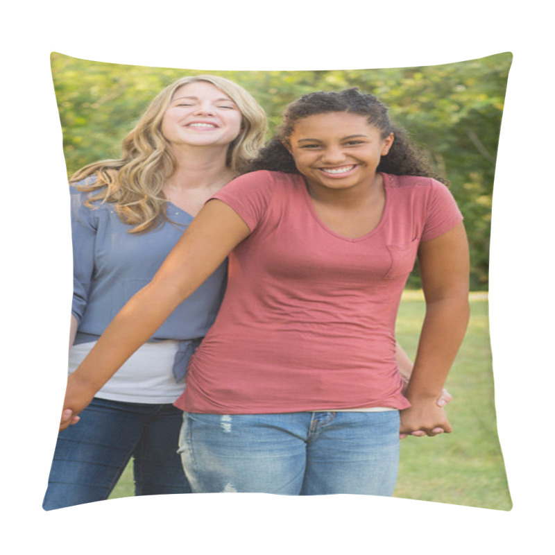 Personality  Mother And Her Daughter Laughing And Playing At The Park. Pillow Covers