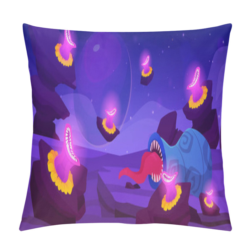 Personality  Fantasy Space Planet Landscape With Monster Plant With Trap. Cartoon Magic Dangerous Flowers Predator With Mouth, Teeth And Tongue Sticking Out. Alien Creature On Desert Surface With Rocks Flat Vector Pillow Covers