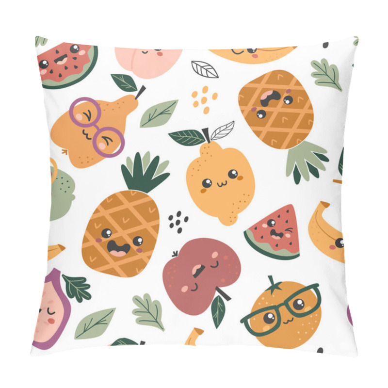 Personality  Seamless Pattern With Cute Kawaii Fruits. Pillow Covers