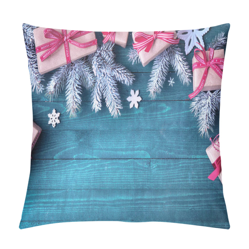 Personality  Festive Christmas Border With Decorative Gifts Tied With Red Bows Amongst Pine Branches And Snowflakes Rustic Green Wood Background With Copyspace Pillow Covers