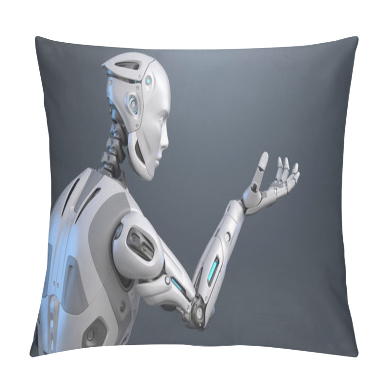 Personality  Robot Looking At His Hand. 3D Illustration Pillow Covers