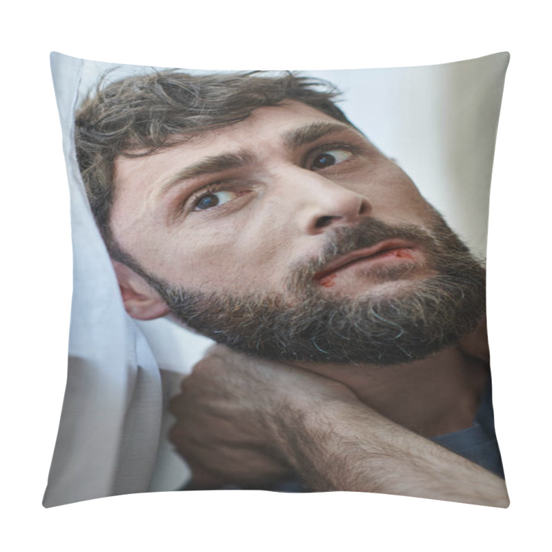 Personality  Anxious Depressed Man In Casual T Shirt Biting His Lips Till Blood During Breakdown, Mental Health Pillow Covers